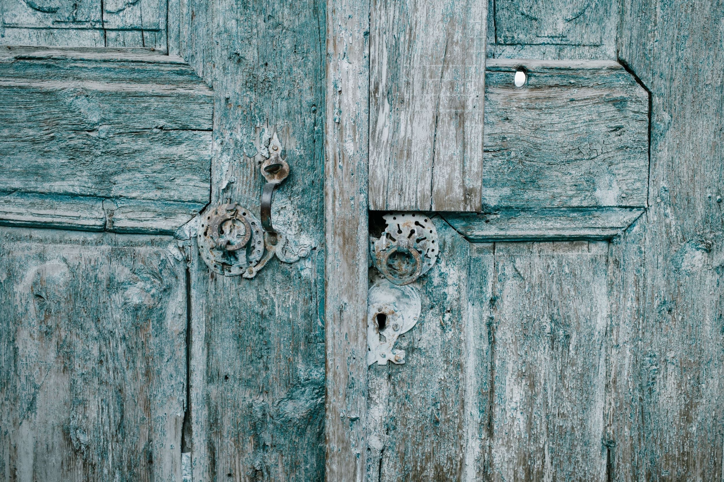 Detail shot of vintage indian turquoise painted cabinet