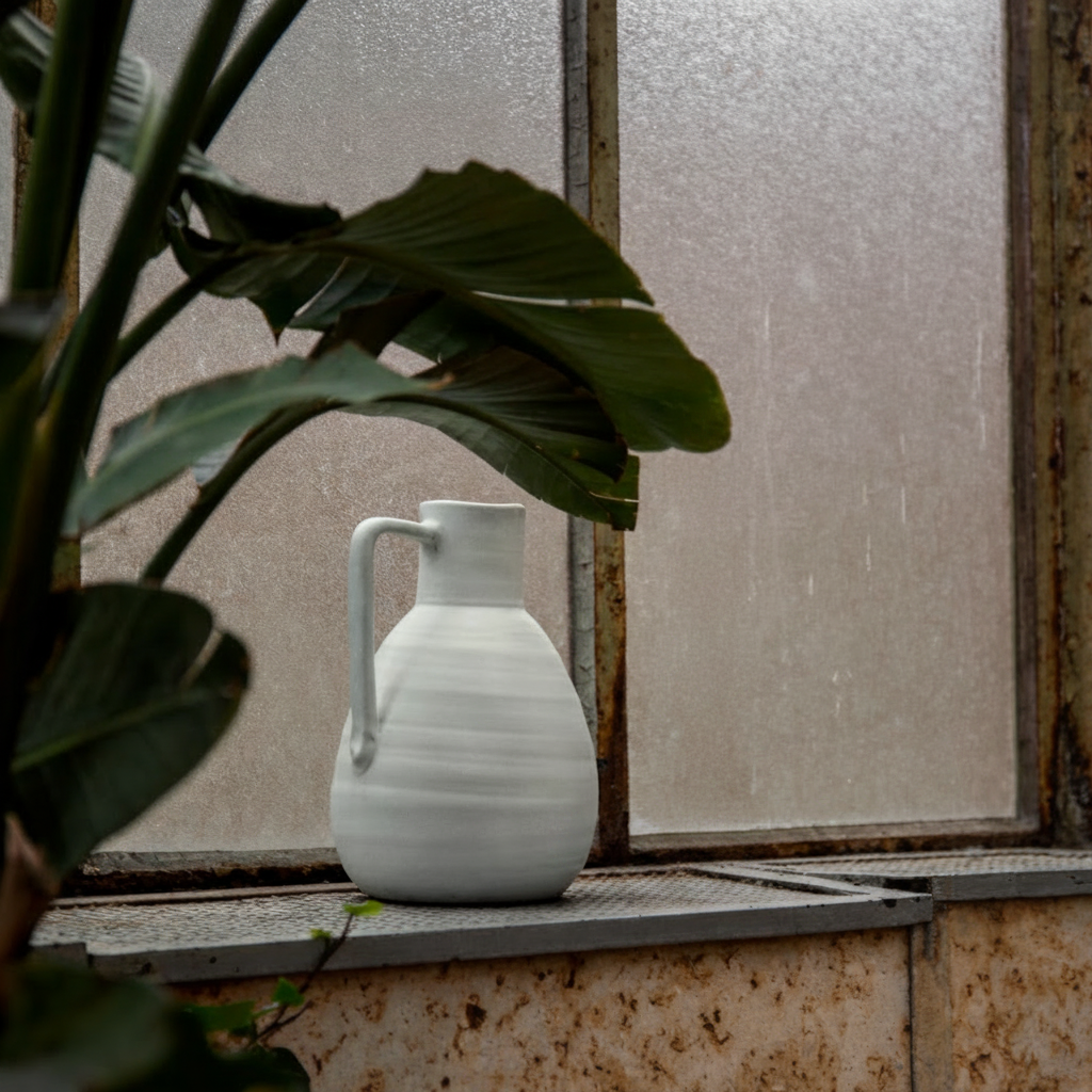 White ceramic pitcher and black candlestick on a windowsill with plants and a textured wall in the background.