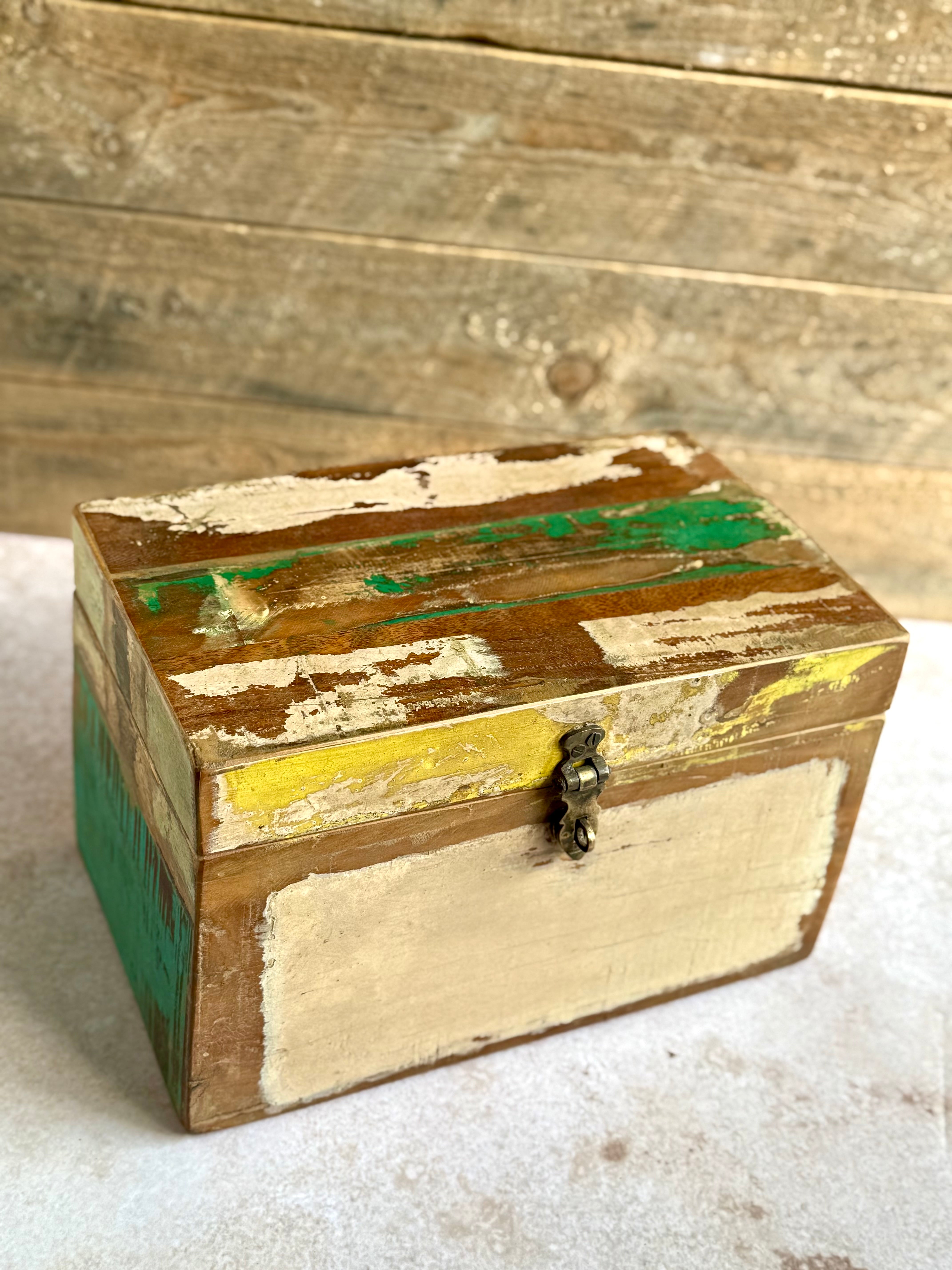 Scrapwood storage box on textured surface