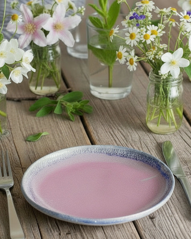 Dining table setup with a plate, utensils, and floral arrangements on a wooden surface.