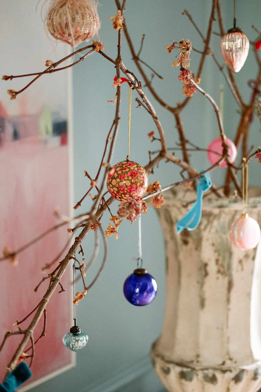 Rose quartz ribbed pinecone ornament