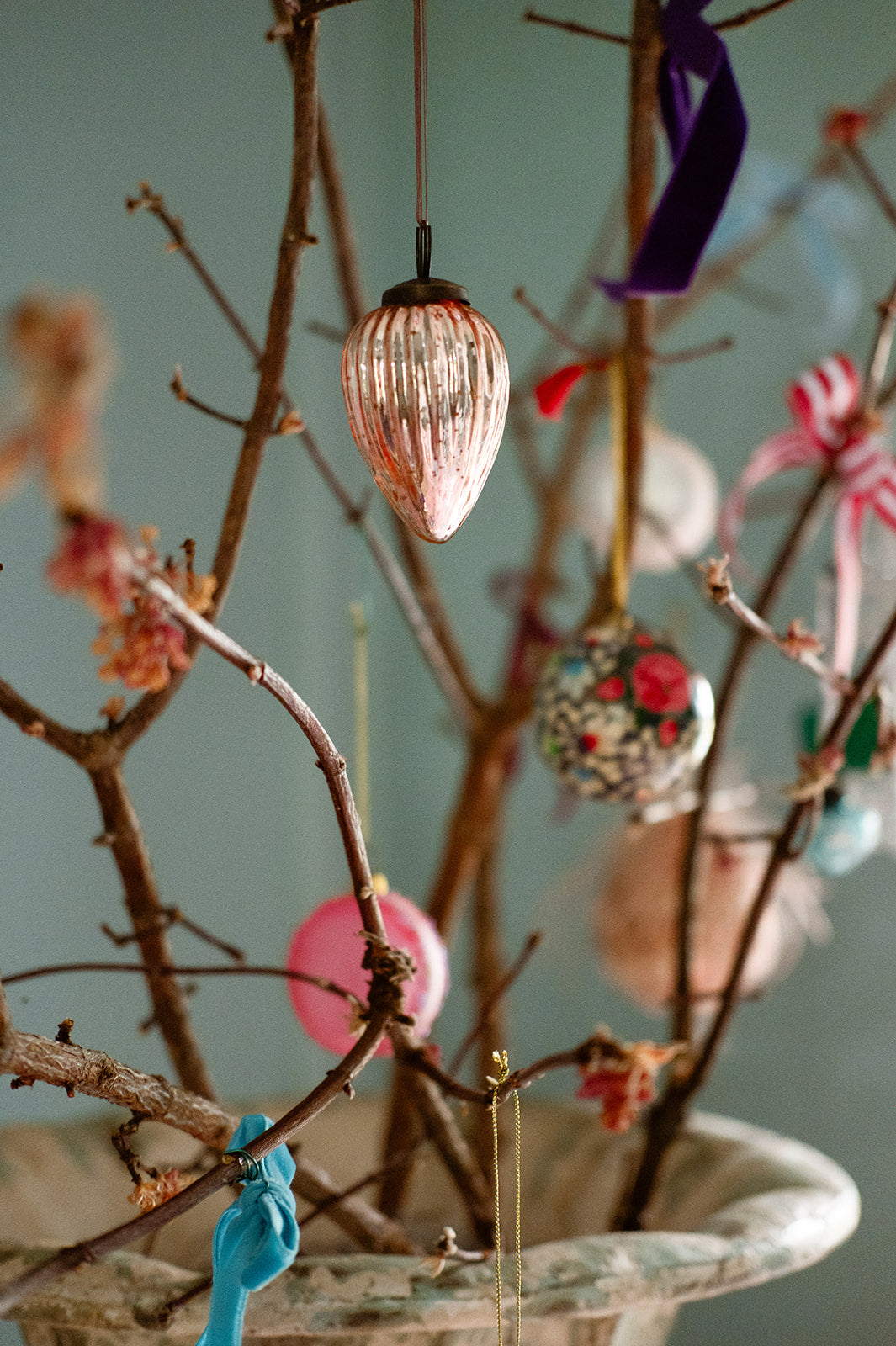 Rose quartz ribbed pinecone ornament