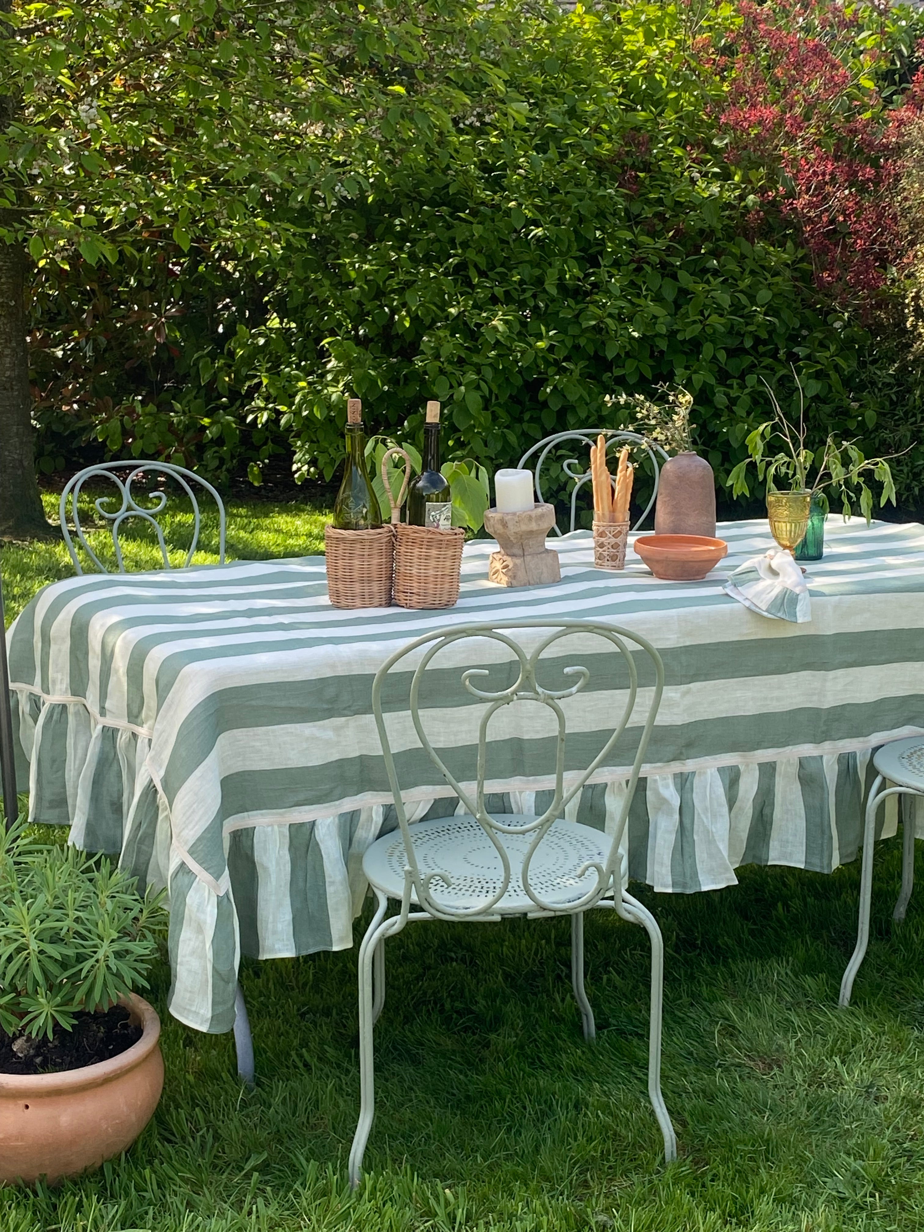 sea green wide stripe linen ruffle tablecloth, amuse la bouche