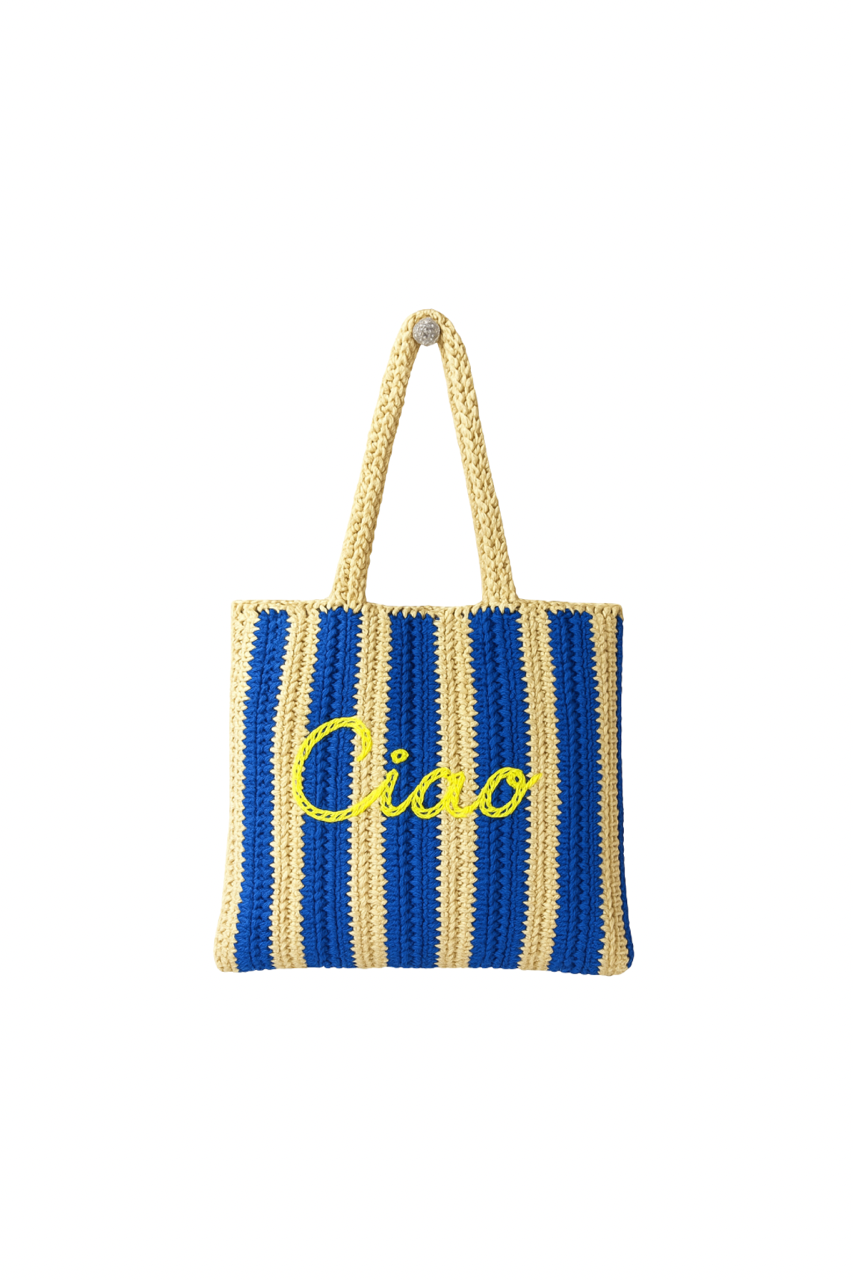 Blue striped raffia beach bag with neon green Ciao embroidery