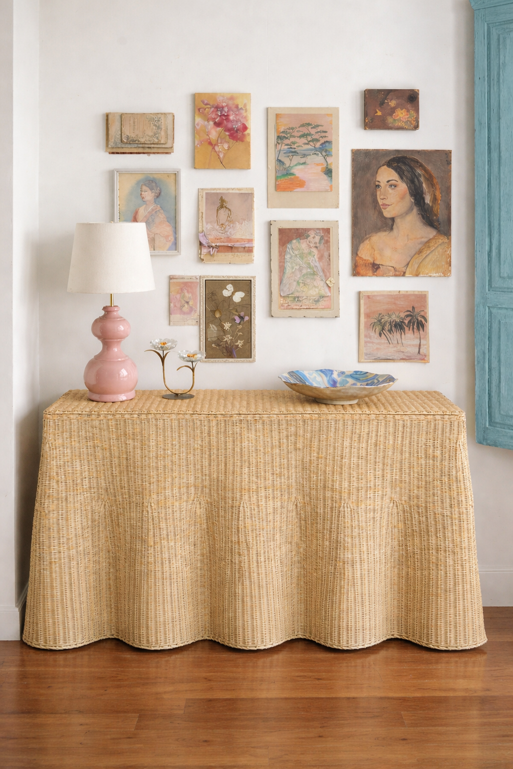Scalloped Rattan Console Table