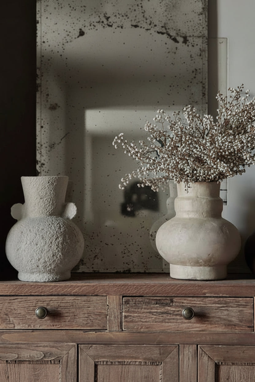 Two textured vases with a curvy design, in soft creamy white beige tones, displayed on a rustic wooden sideboard against an antique mirror