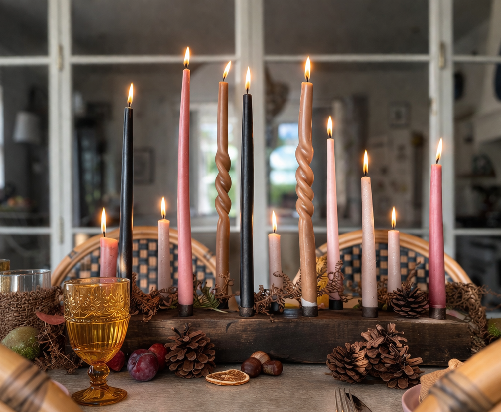 Rustic Autumnal table setting with candles, ochre glasses, and pinecones in a dining room against green crittall doors