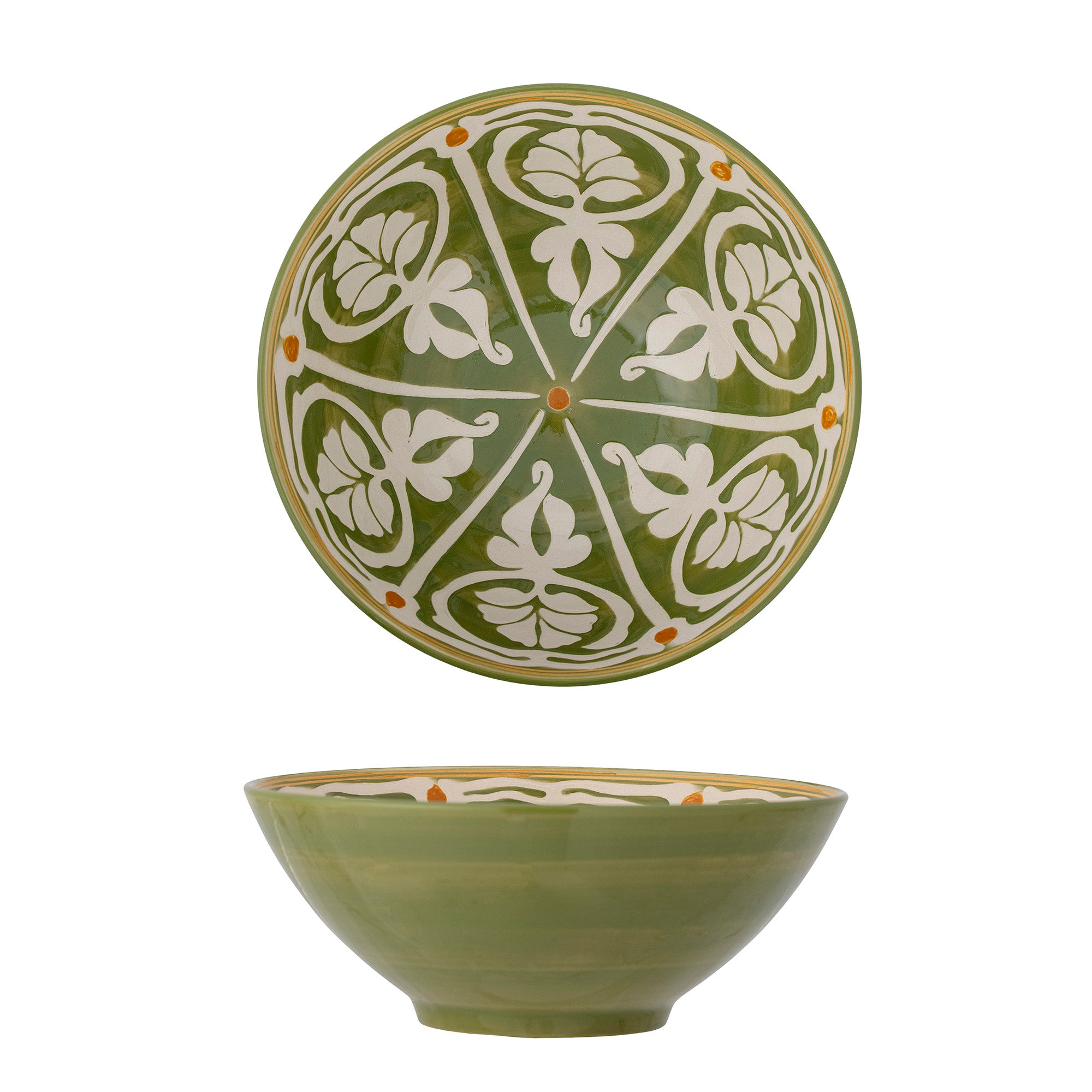 Side and aerial view of hand painted green bowl with ivory and ochre tones on white background