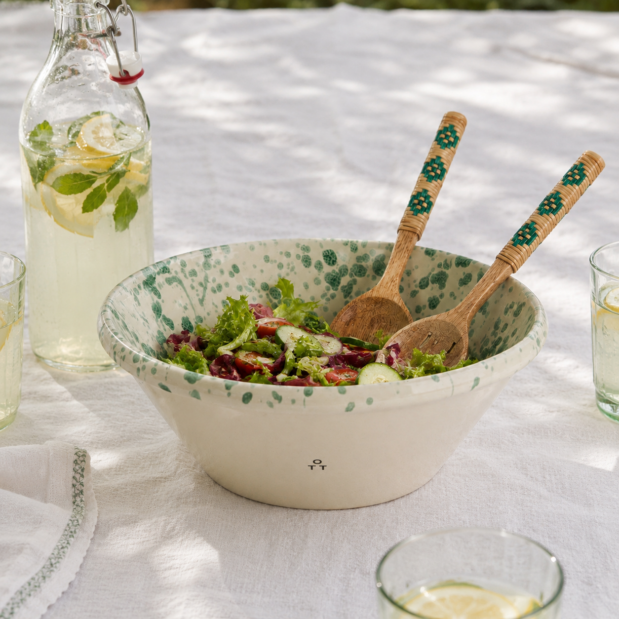 Italian Ceramic Green Splatter Salad Bowl