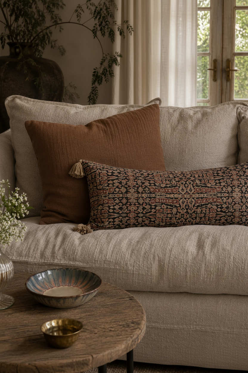 A styled living room scene featuring a beige linen sofa with two decorative throw pillows: a solid rust-brown pillow and a patterned lumbar pillow in brown, beige, and muted red tones. A rustic wooden coffee table is in the foreground, and a window with sheer curtains is softly blurred in the background.