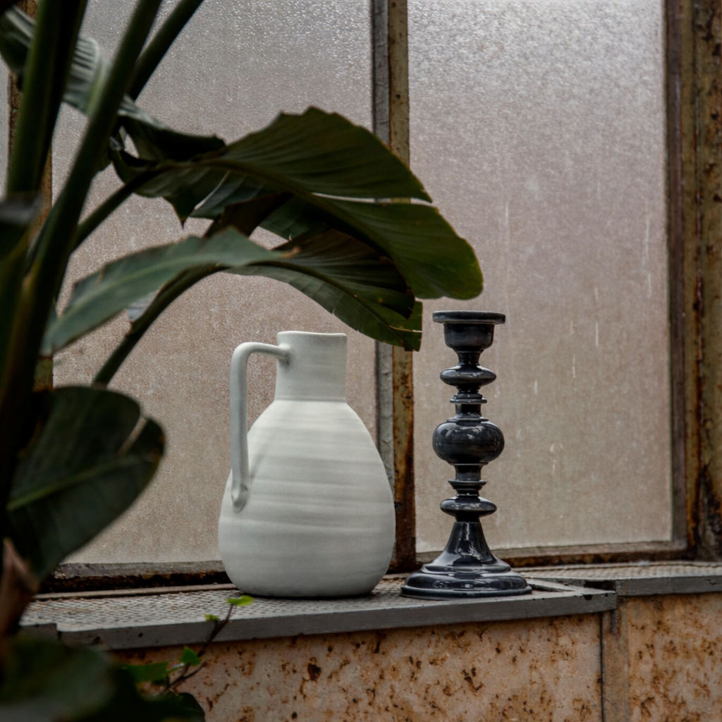 White ceramic pitcher and black candlestick on a windowsill with plants and a textured wall in the background.