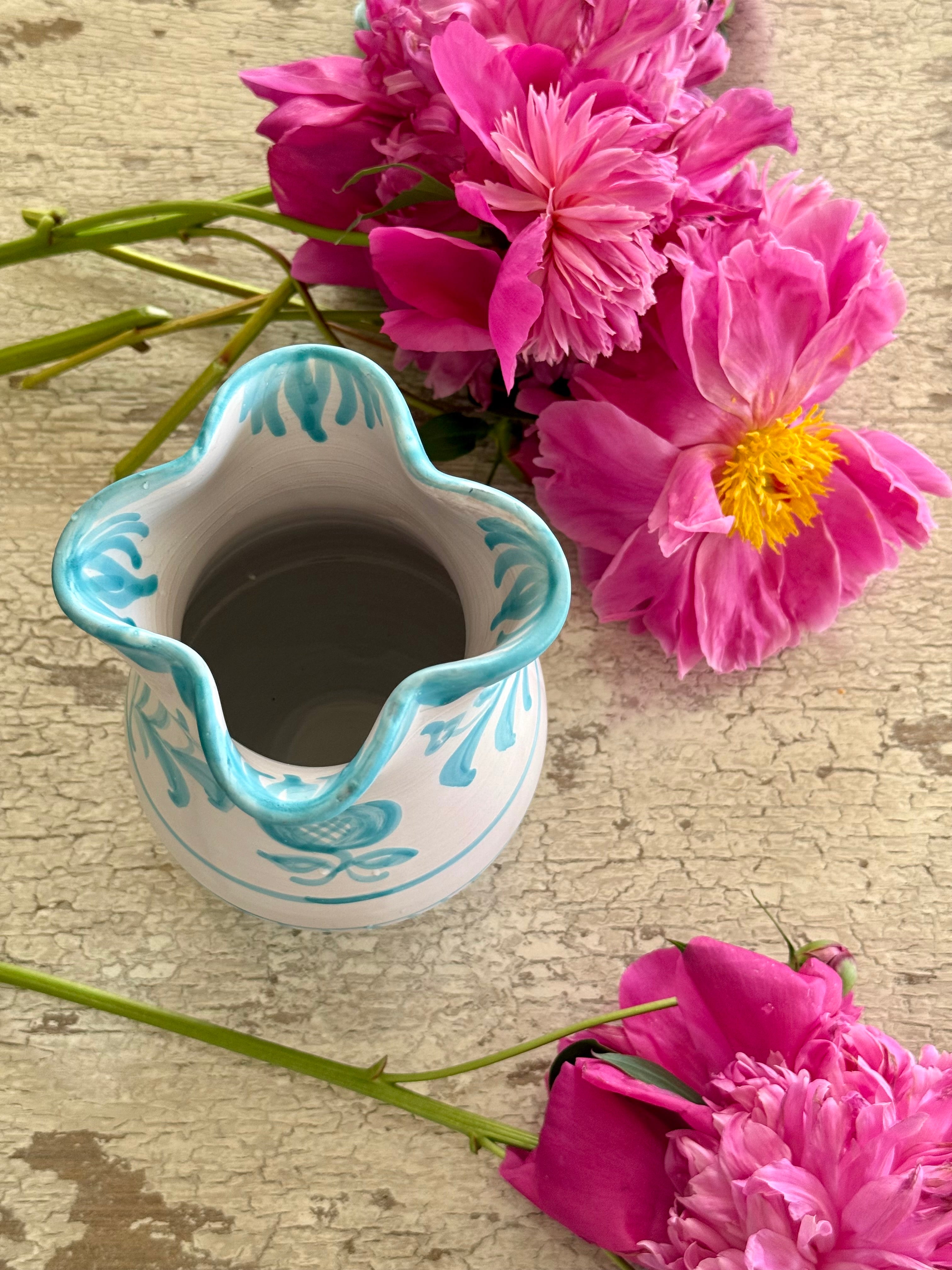 Hand-Painted Turquoise Spanish Scalloped Vase - Amber + Willow