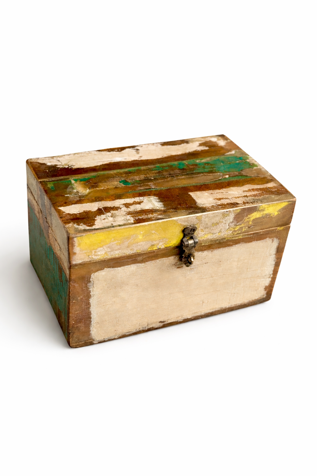 Wooden box with distressed paint on a white background