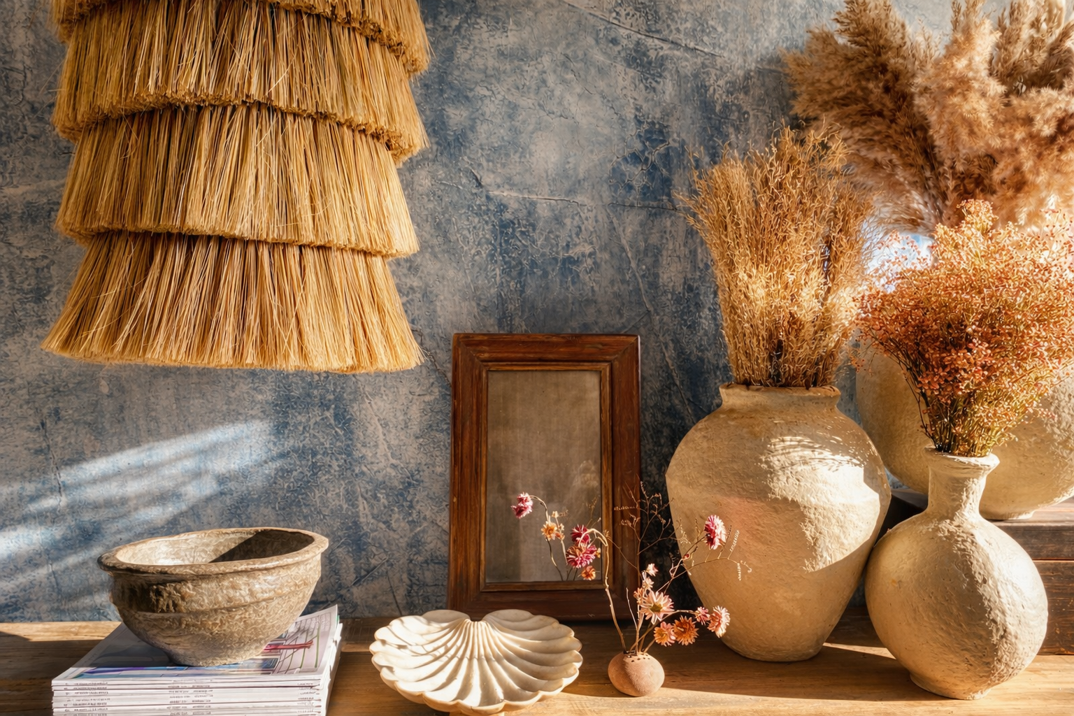 Decorative setting with textured blue wall, vases and vessels with dried flowers, shell platter, grey textured bow, reclaimed wood mirror and hanging fringe pendant