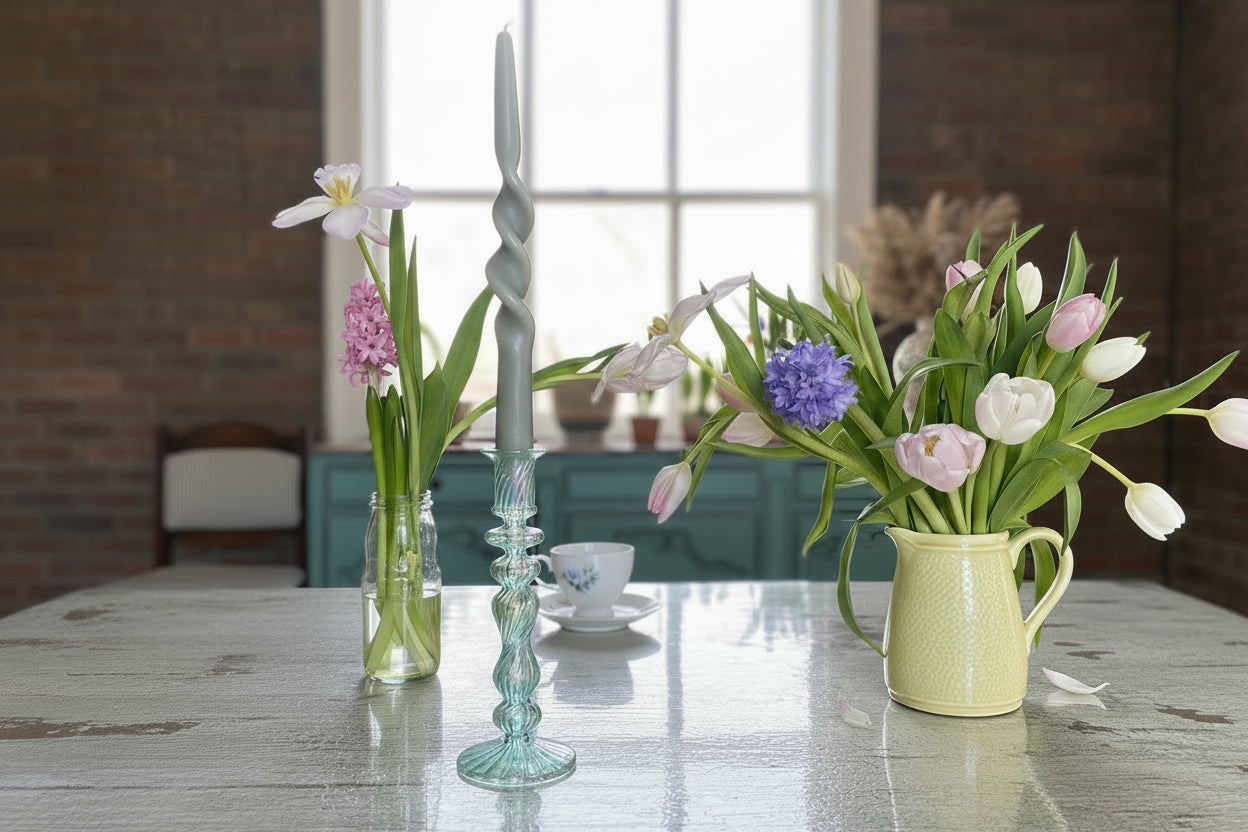Front view of rustic white table with spring flowers in yellow jug, twisty pale green candle in irridescent green candle holder with brick wall and colourful art in the background