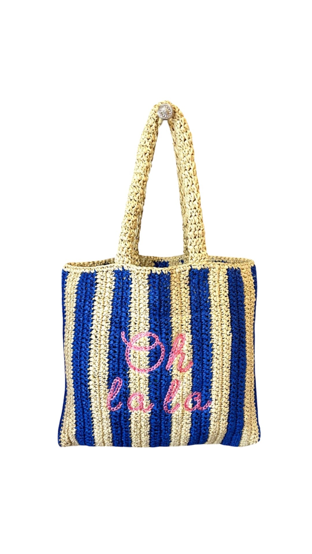 'Oh la la' Blue straw beach bag with pink embroidery