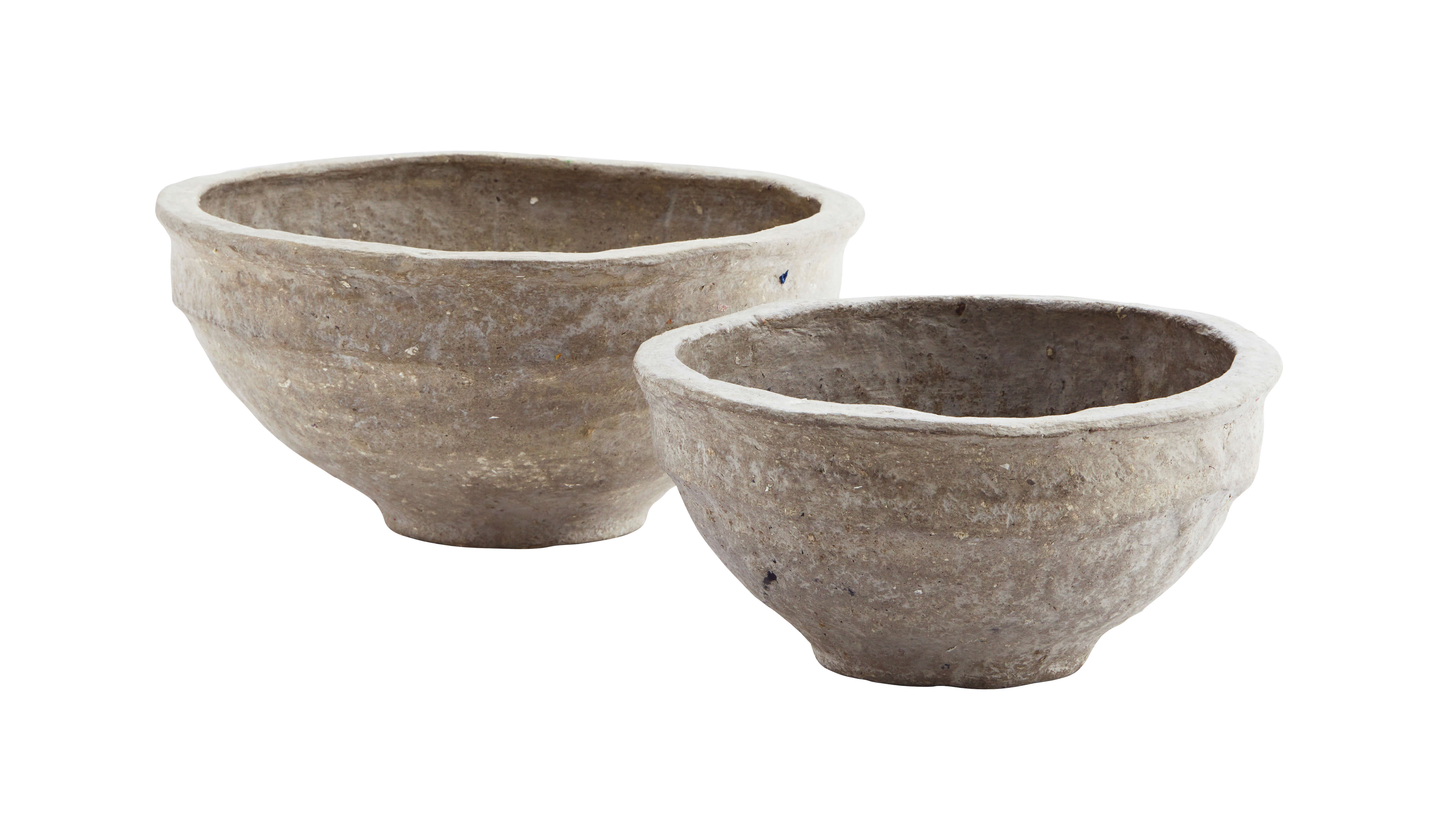 Cut out of grey papier-mache textured bowls against white background