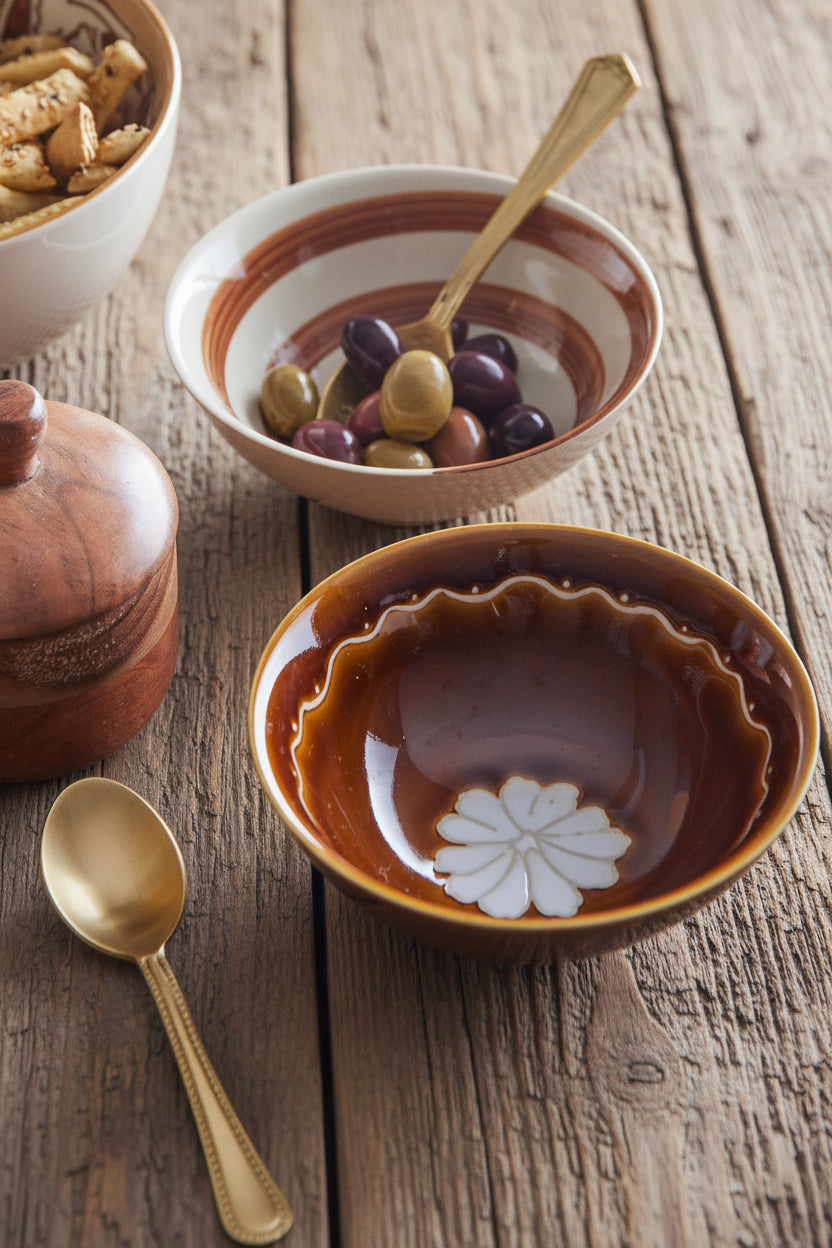 Close up of handpainted cream and brown bowls next to other bowls and olives