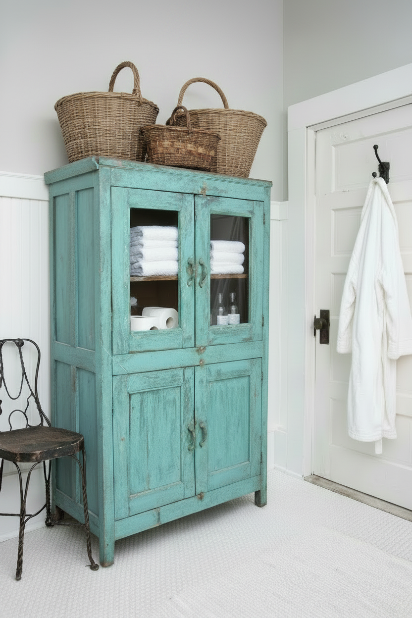 Vintage Indian turquoise cabinet with upper glass doors in white bathroom, vintage iron chair , with woven baskets on top