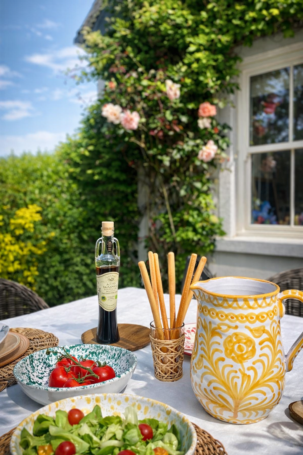 Handmade Spanish pitcher with traditional yellow motif on an outdoor table with breadsticks, splatter bowls of tomatoes and salad , balsamic vinegar bottle with climbing apricot roses in the background and blue skies.