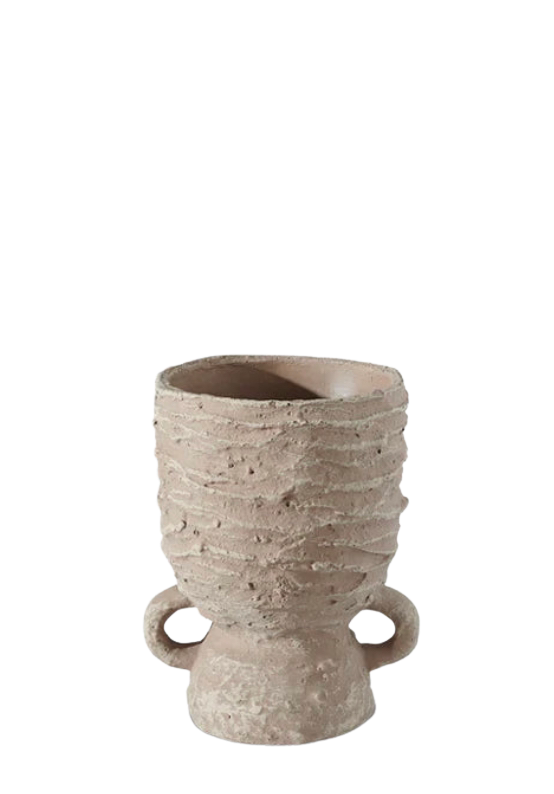 Raw Cement sculptural vase with handles on transparent background