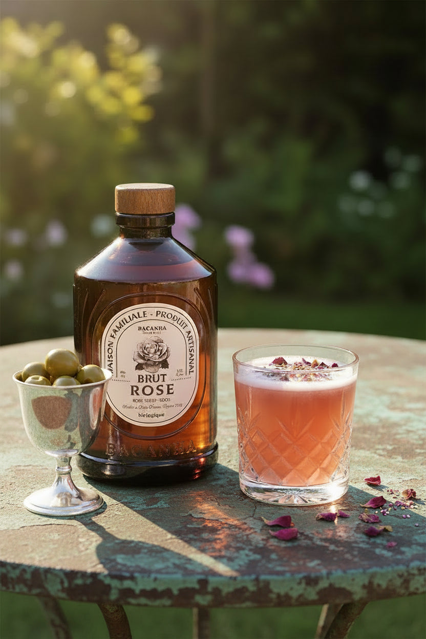 Artisan brown bottle with label for Brut Rose syrip on sunny verdigris outdoor table next to a rose-hued cocktail with flower sprinkles with a retro silver stemmed cup of olives.
