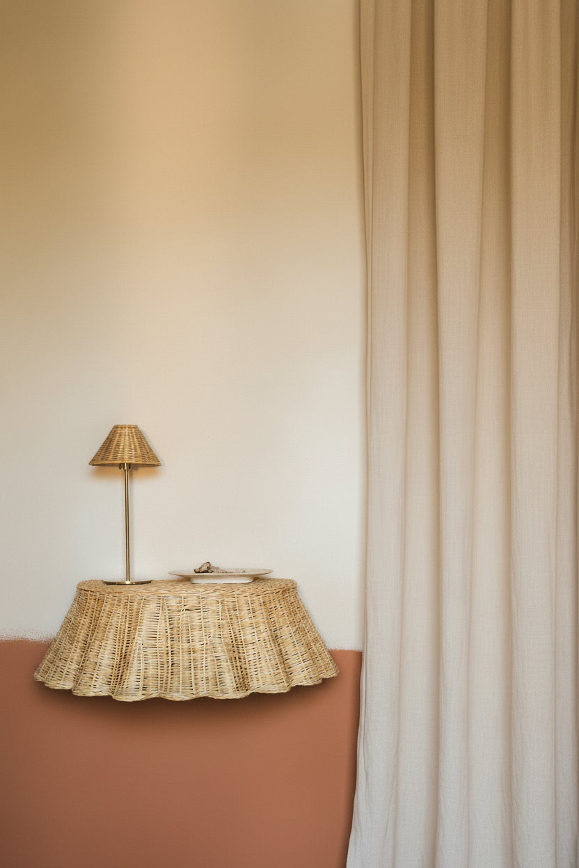Floating skirted console table mounted on a lime render wall with cordless rattan lamp on top next to natural linen drapes