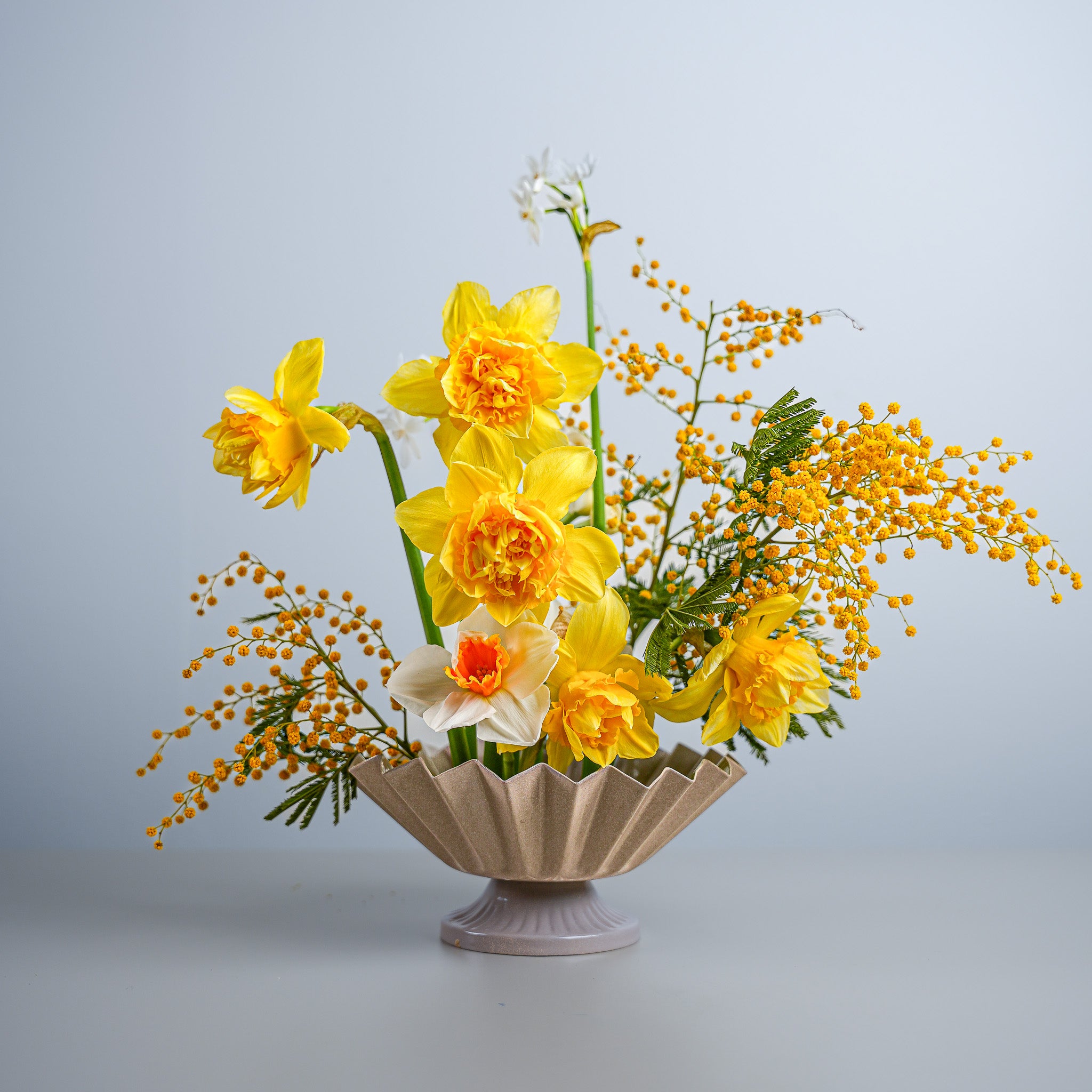 Yellow Spring daffodil arrangement in urn using metal flower frog