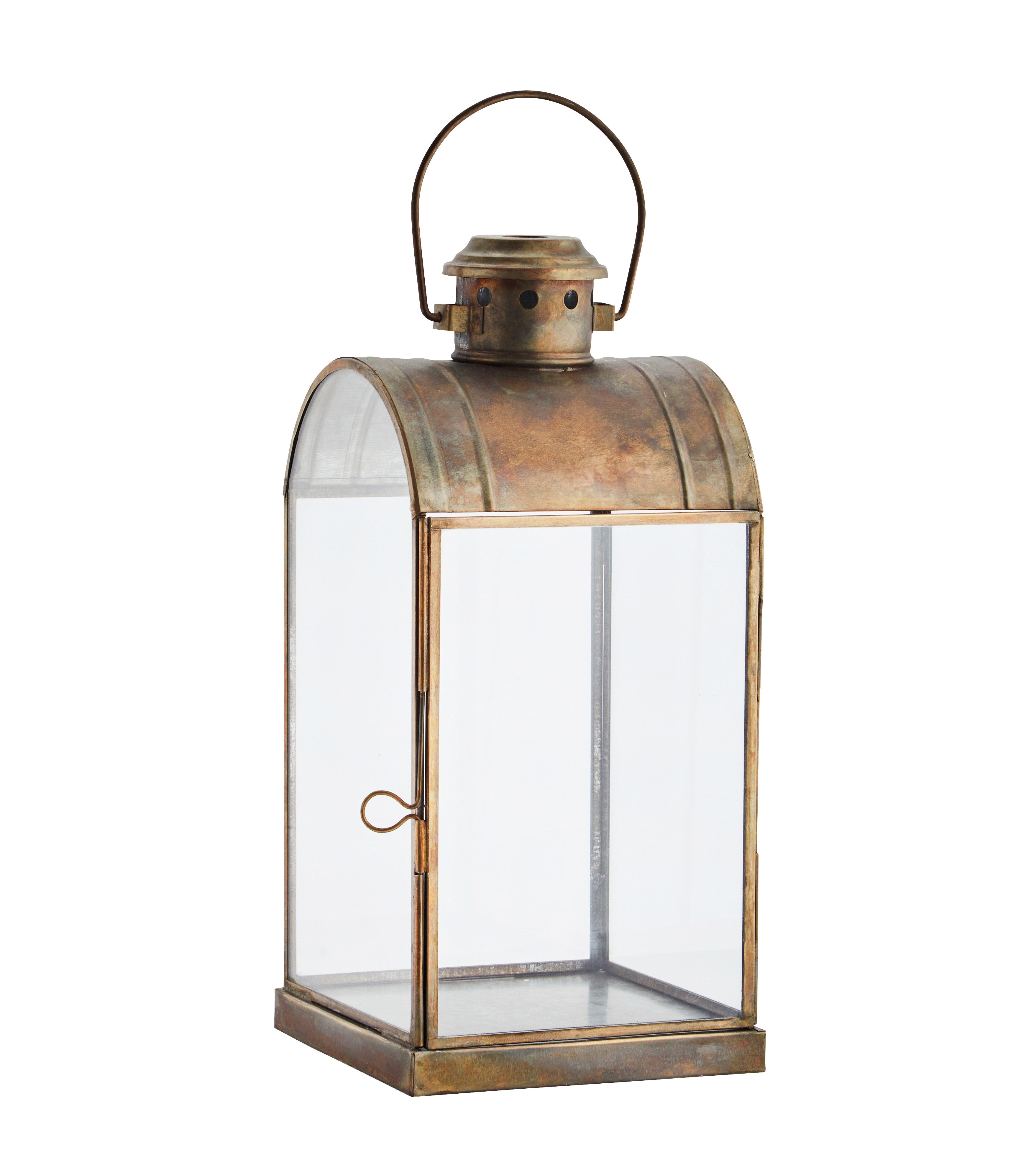 An antique brass lantern with a glass base and a metal top, featuring a handle and an opening on the side.