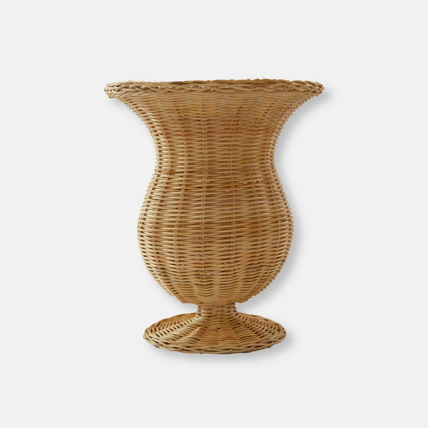 Wicker urn-shaped vase on a white background