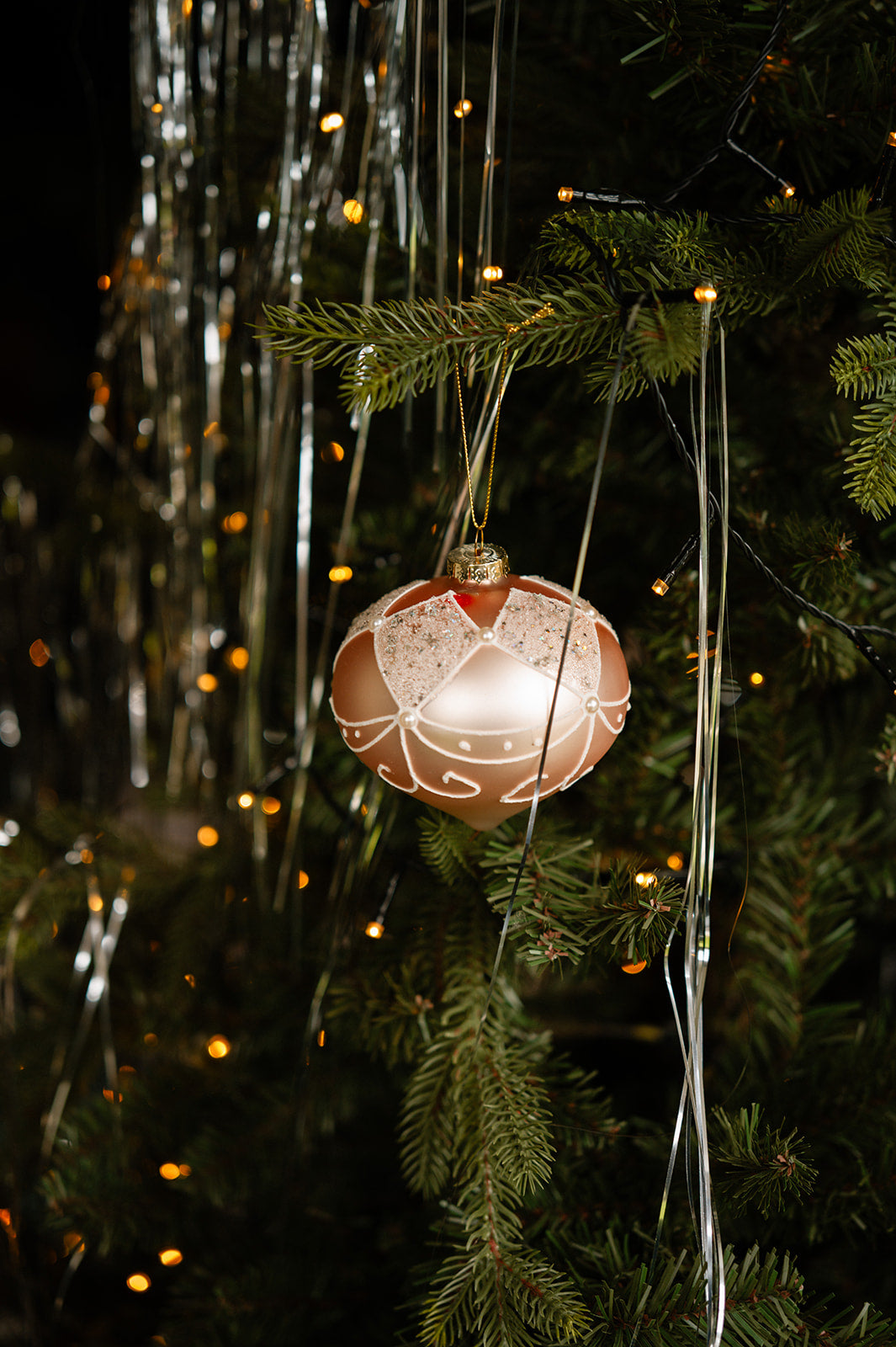 Pink Glass Bauble With White Swag Detail