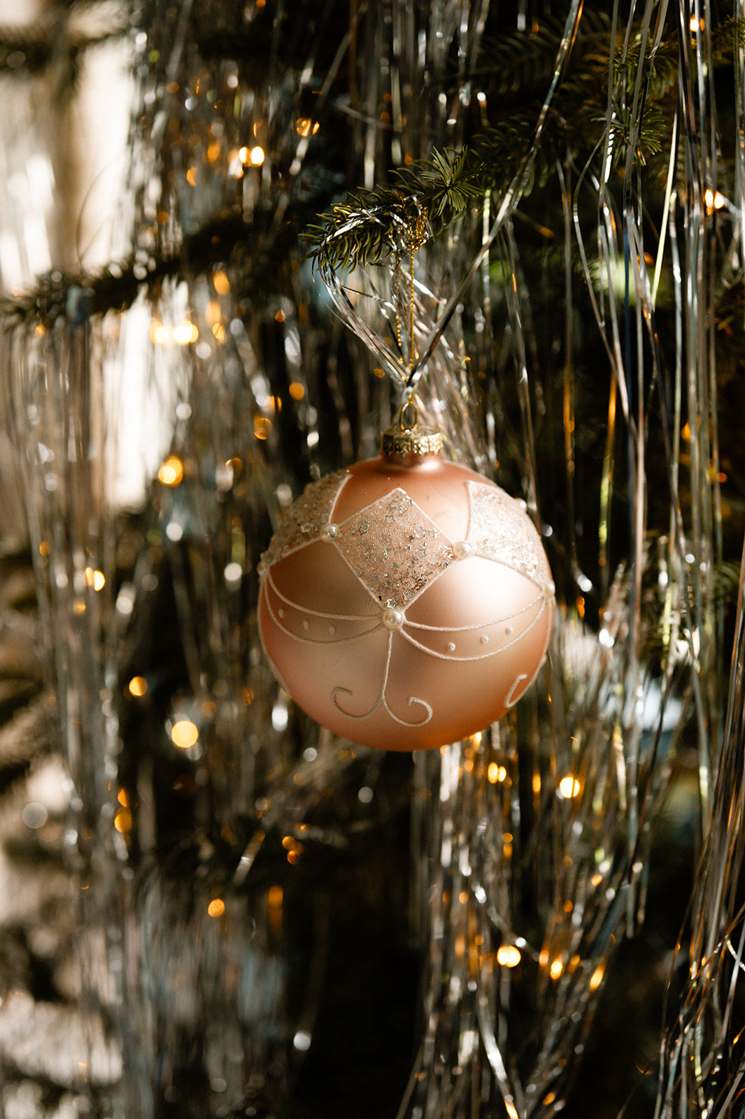 Pink Glass Bauble With White Swag Detail