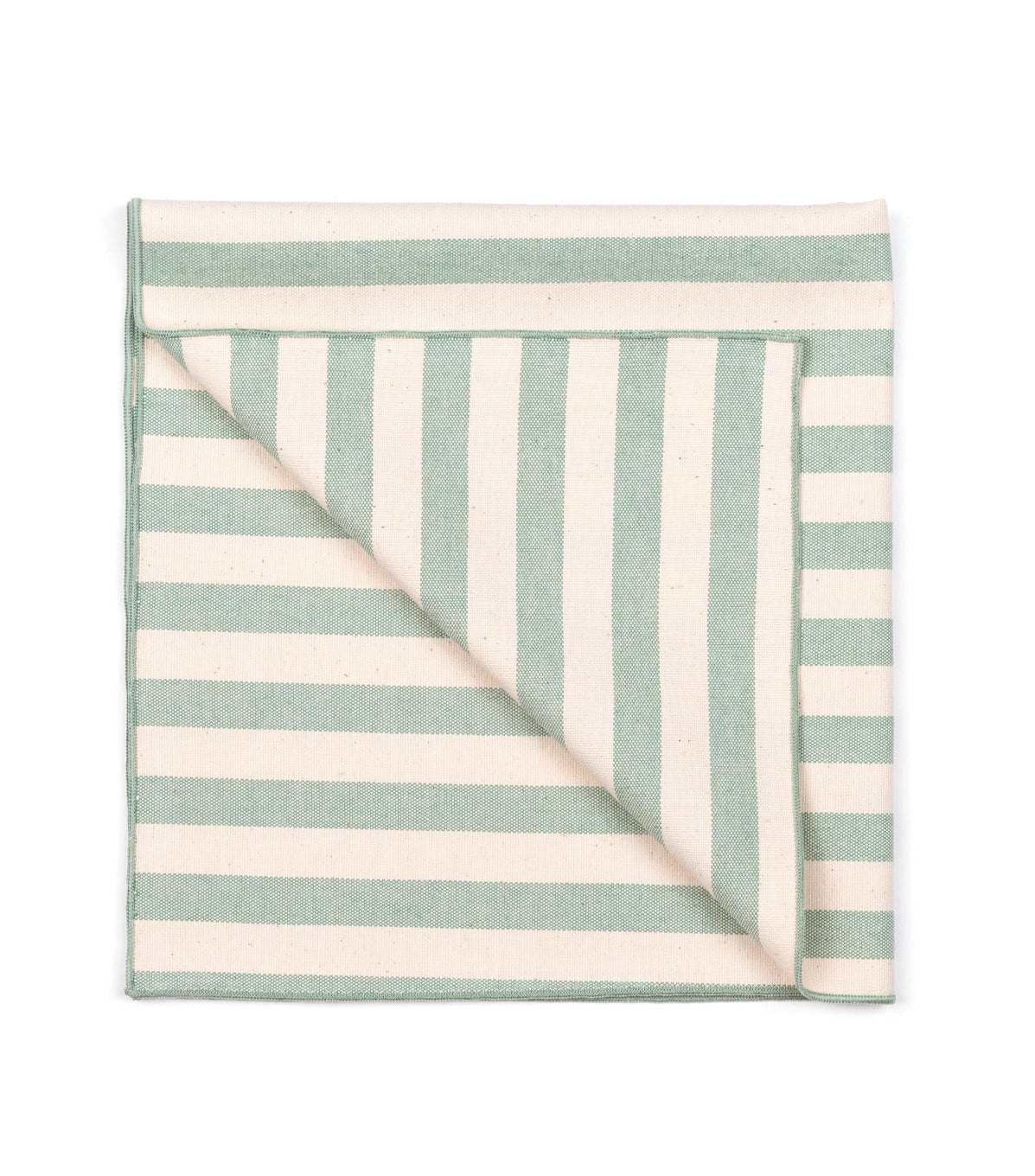 Image of folded pistachio green and white striped tablecloth on white background