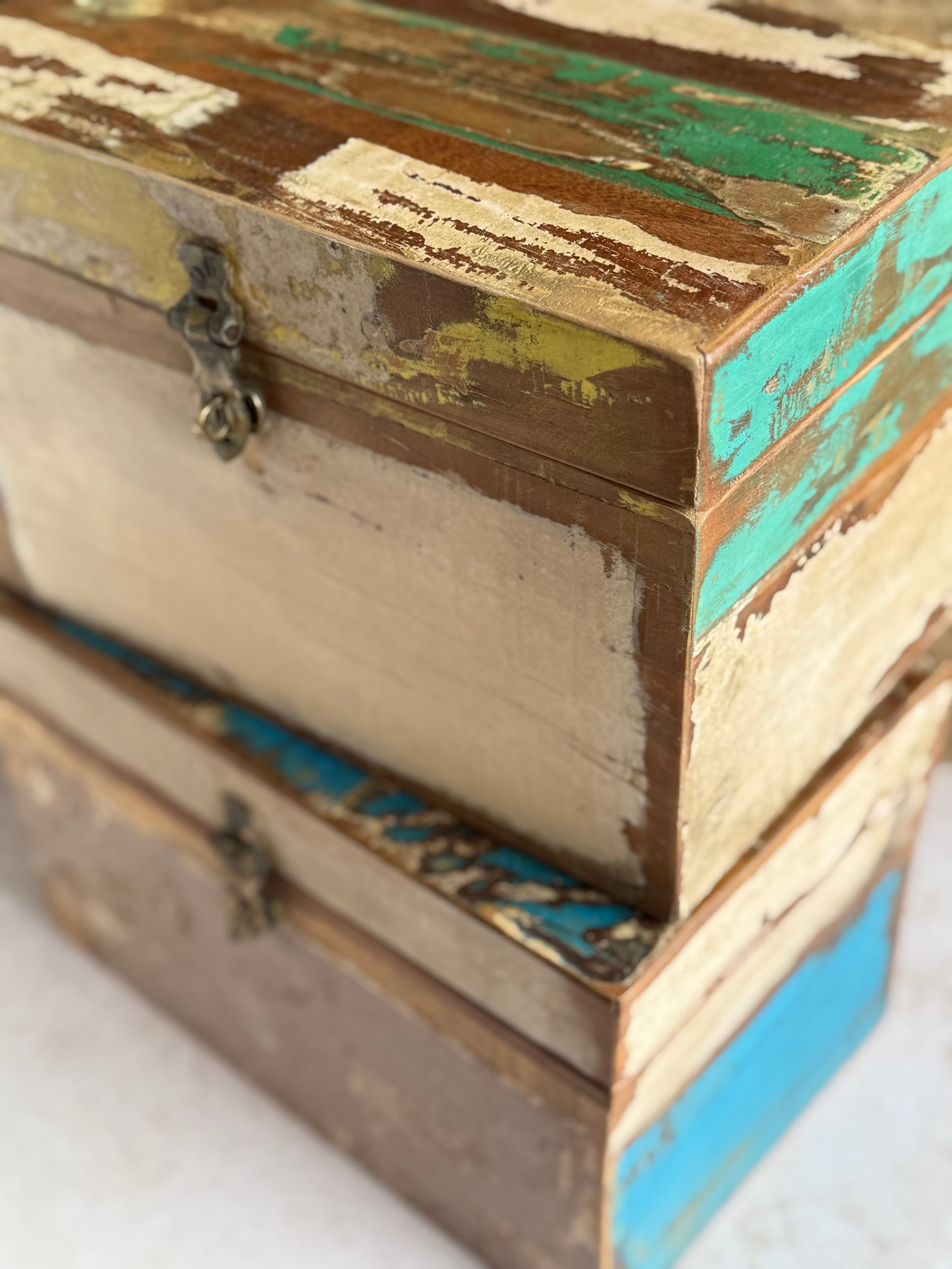 reclaimed wood storage boxes in turquoise, greens, yellow tones