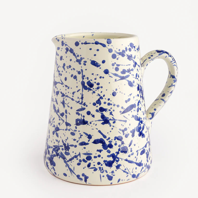 handmade italian ceramic jug with blue splatter design 14cm diameter 18cm height