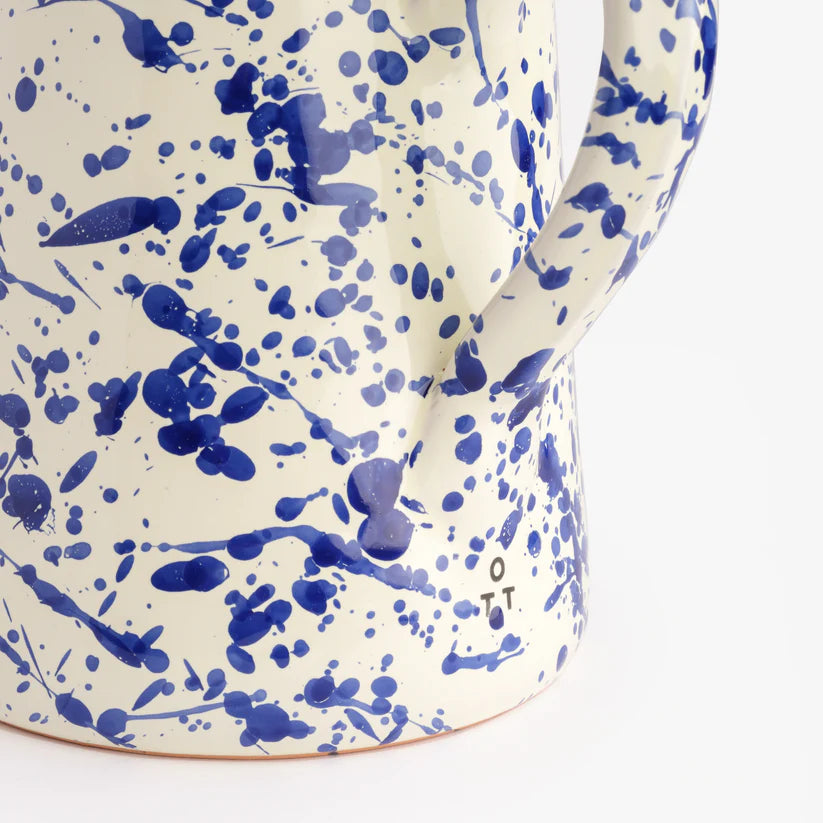 handmade italian ceramic jug with blue splatter design 14cm diameter, 18cm height