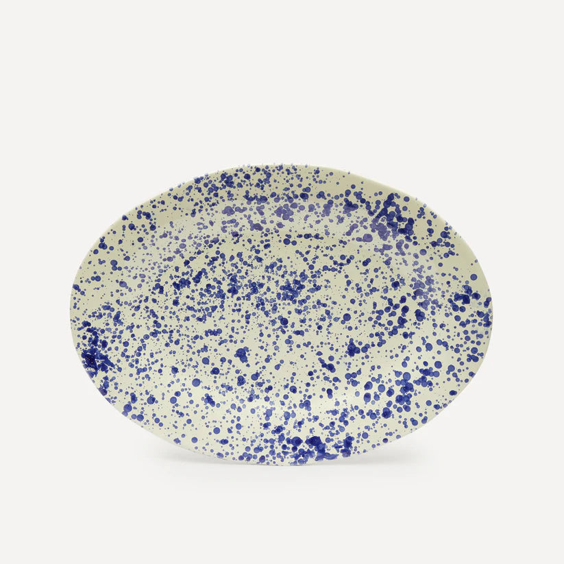 Overhead shot of blue splatter platter on white background