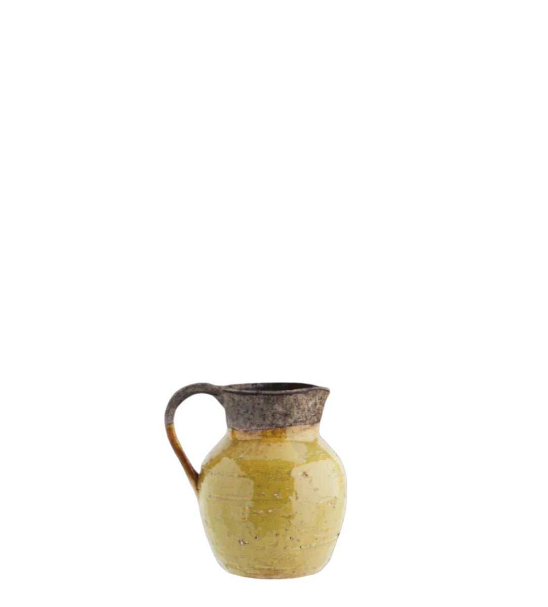 Cut out of a terracotta vase with ochre glaze on the bottom against a white background