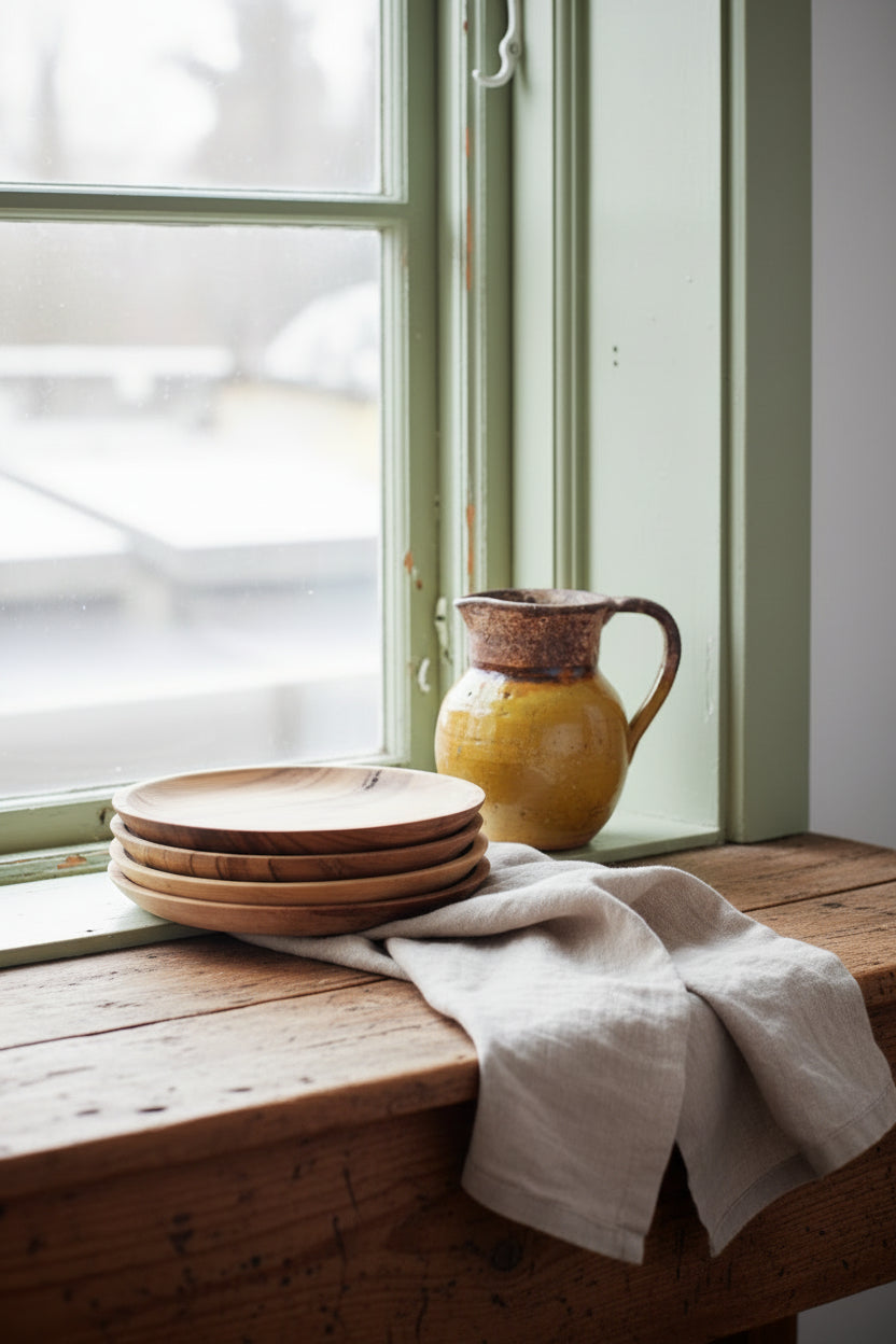 Rustic terracotta jug with ochre glaze at the bottom on a window sill next to other handpainted ceramics