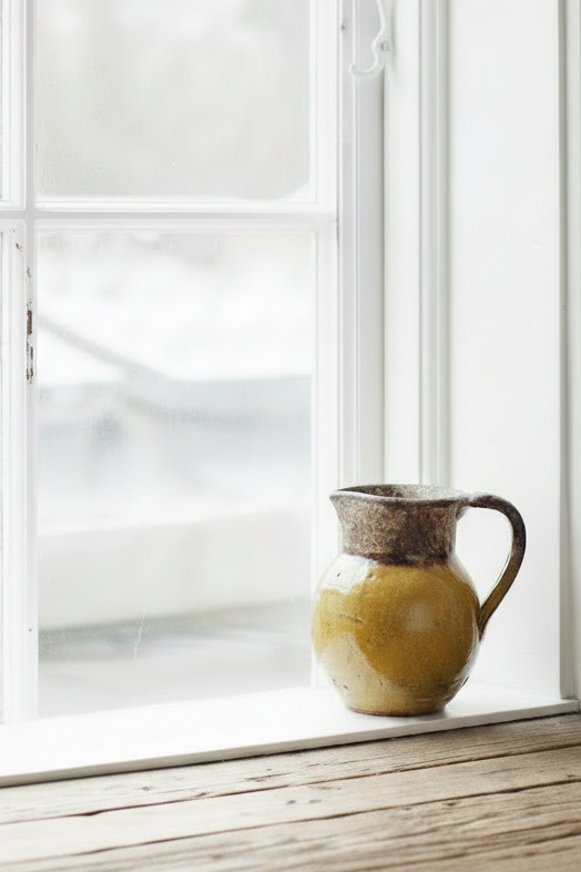 Small rustic terracotta jug with partial uneven yellow glaze sitting on a window sill of old white painted sash window next to a rustic wooden table