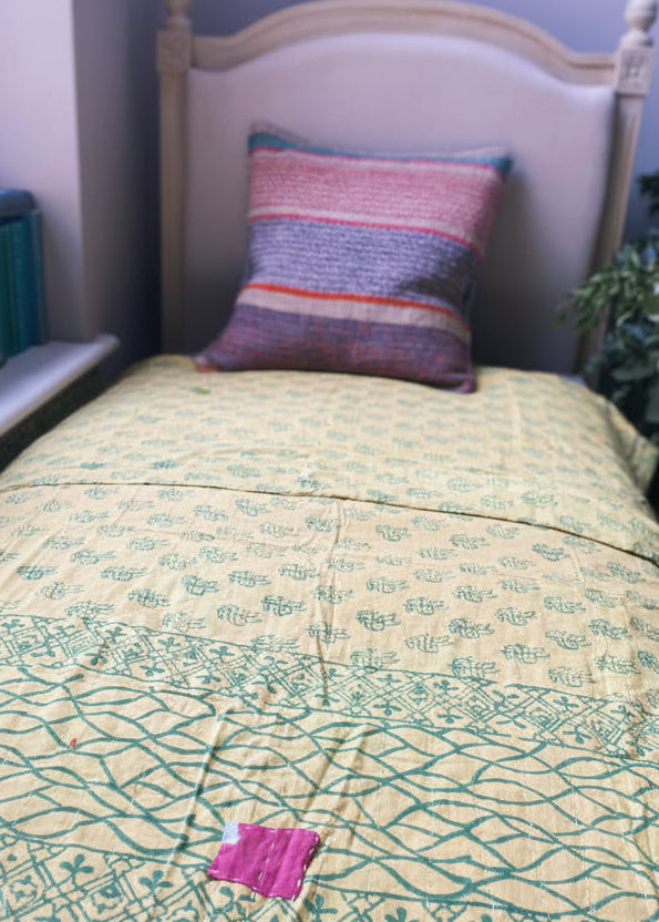 Bed with green and blue patterned kantha, frazada pillow, and plant in a room.