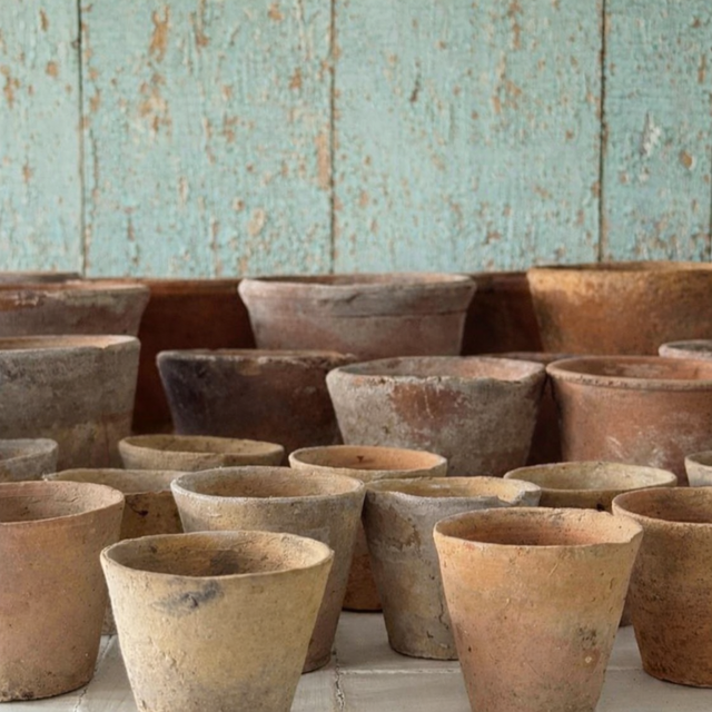 Collection of vintage terracotta pots against rustic turquoise wood wall
