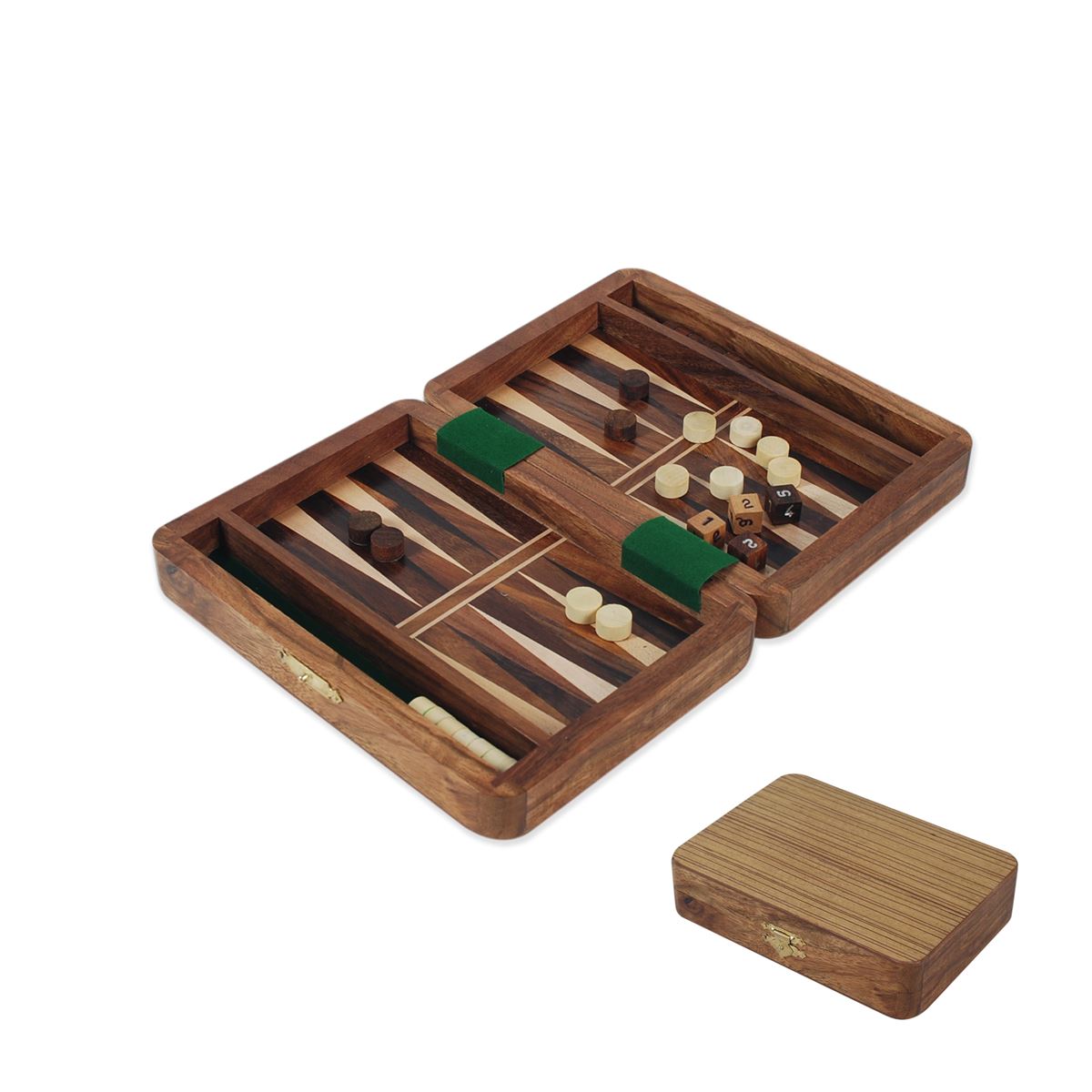 An open wooden backgammon set with striped board sections, green checkers, and white and dark playing pieces, shown alongside its closed matching box on a plain white background.