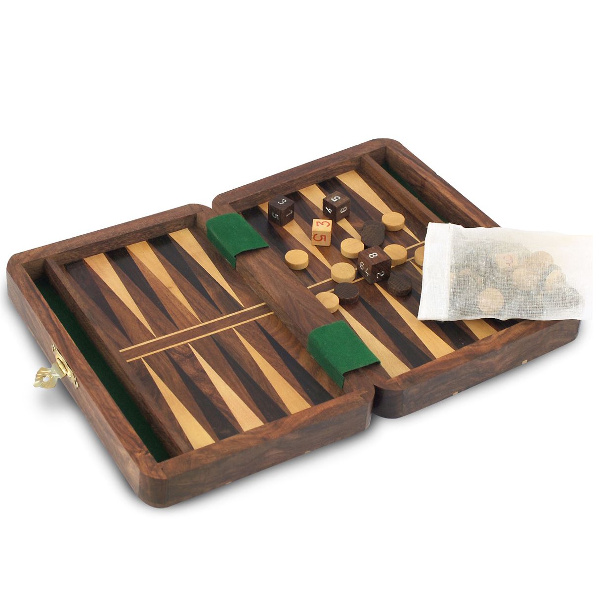 An open wooden backgammon set on a white background, showing the checkered board, wooden dice, green felt pockets, and a small mesh bag of playing pieces.