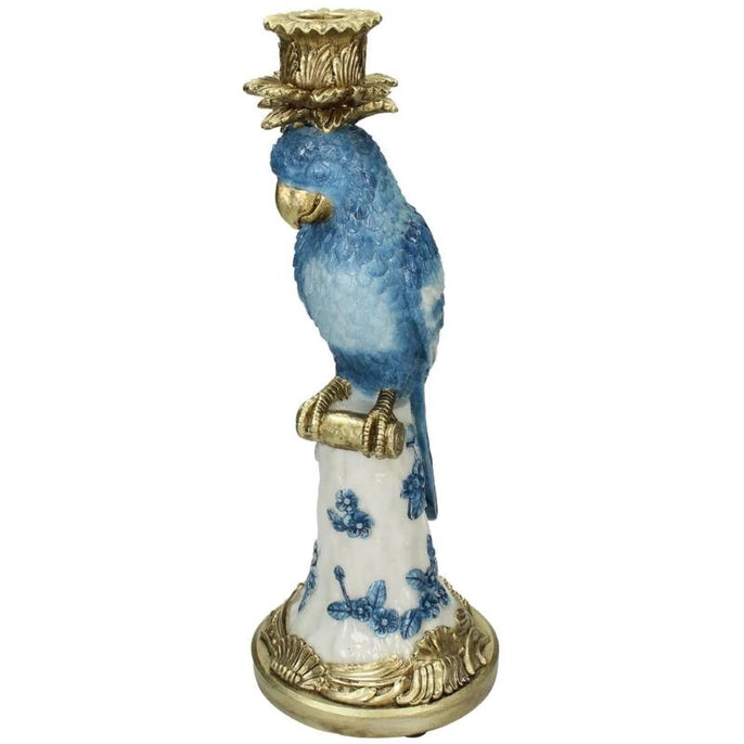 This image displays a quirky and playful blue bird candle holder. The holder stands at an impressive height of 36 cm and features a vibrant, detailed blue bird perched atop a white base adorned with a floral pattern.