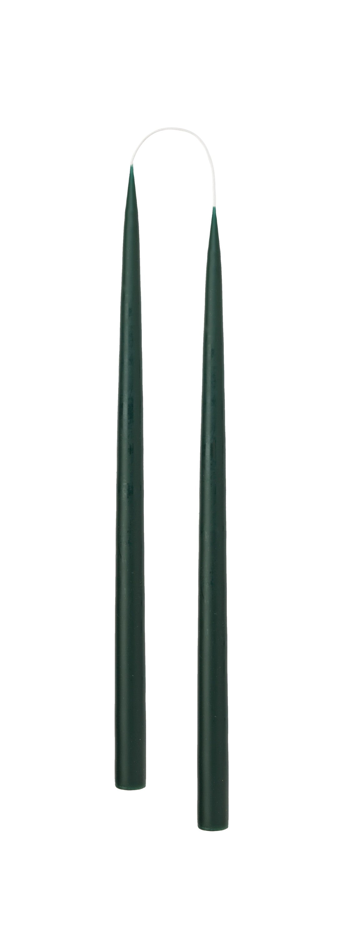Two forest green candles on a white background