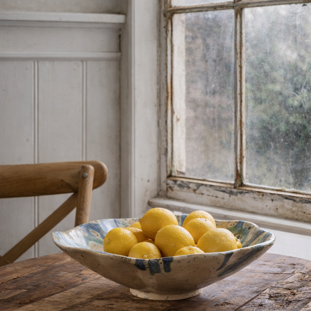 Ceramic ruffled bowl of lemons on a wooden rustic table with an old wooden window in the background