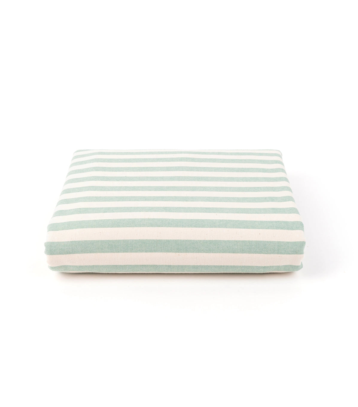 Image of folded pistachio green and white striped tablecloth on white background