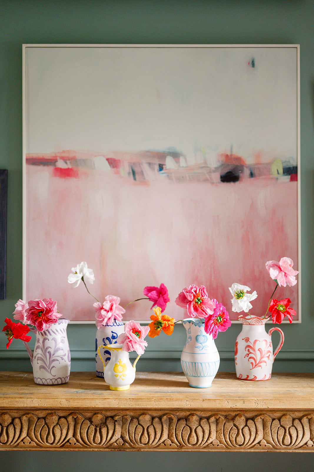 hand painted Spanish scallop neck pitcher in coral