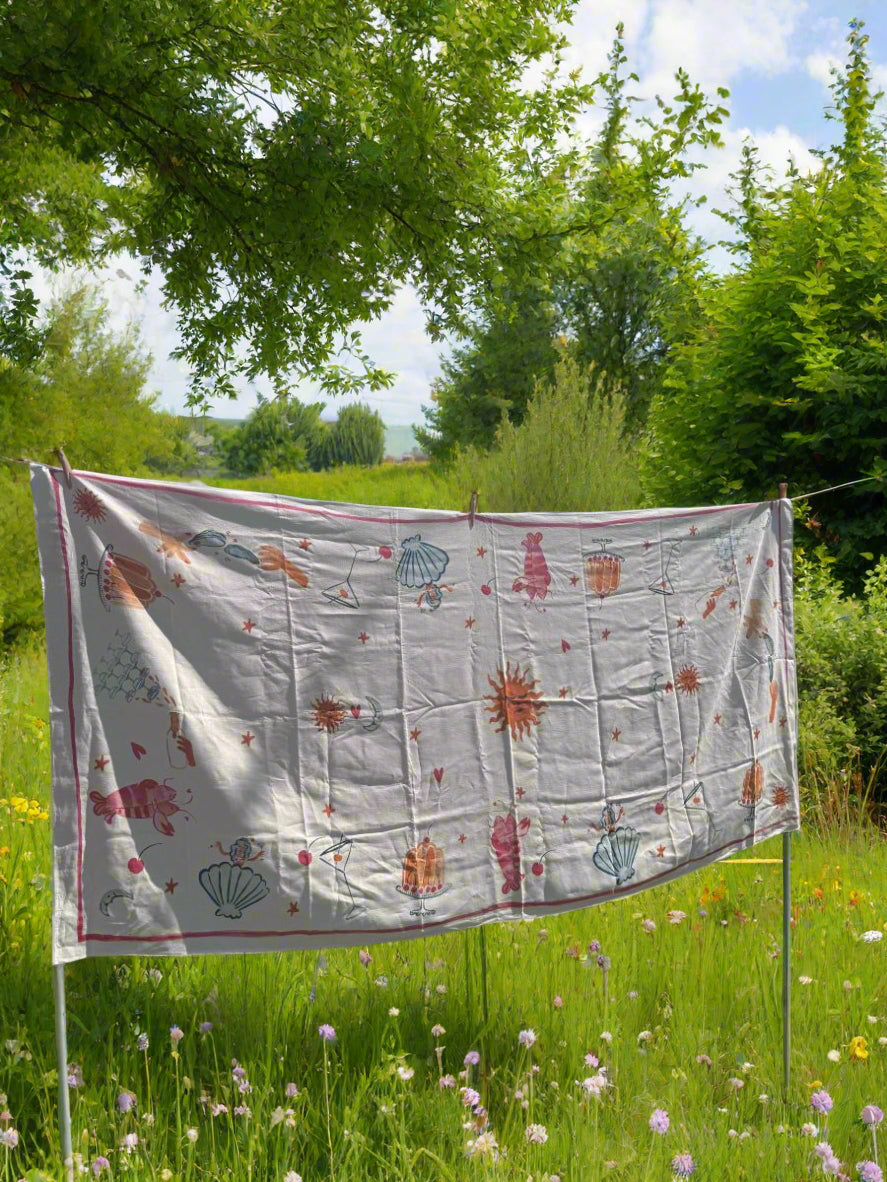 Whimsical watercolour hand illustrated inen tablecloth